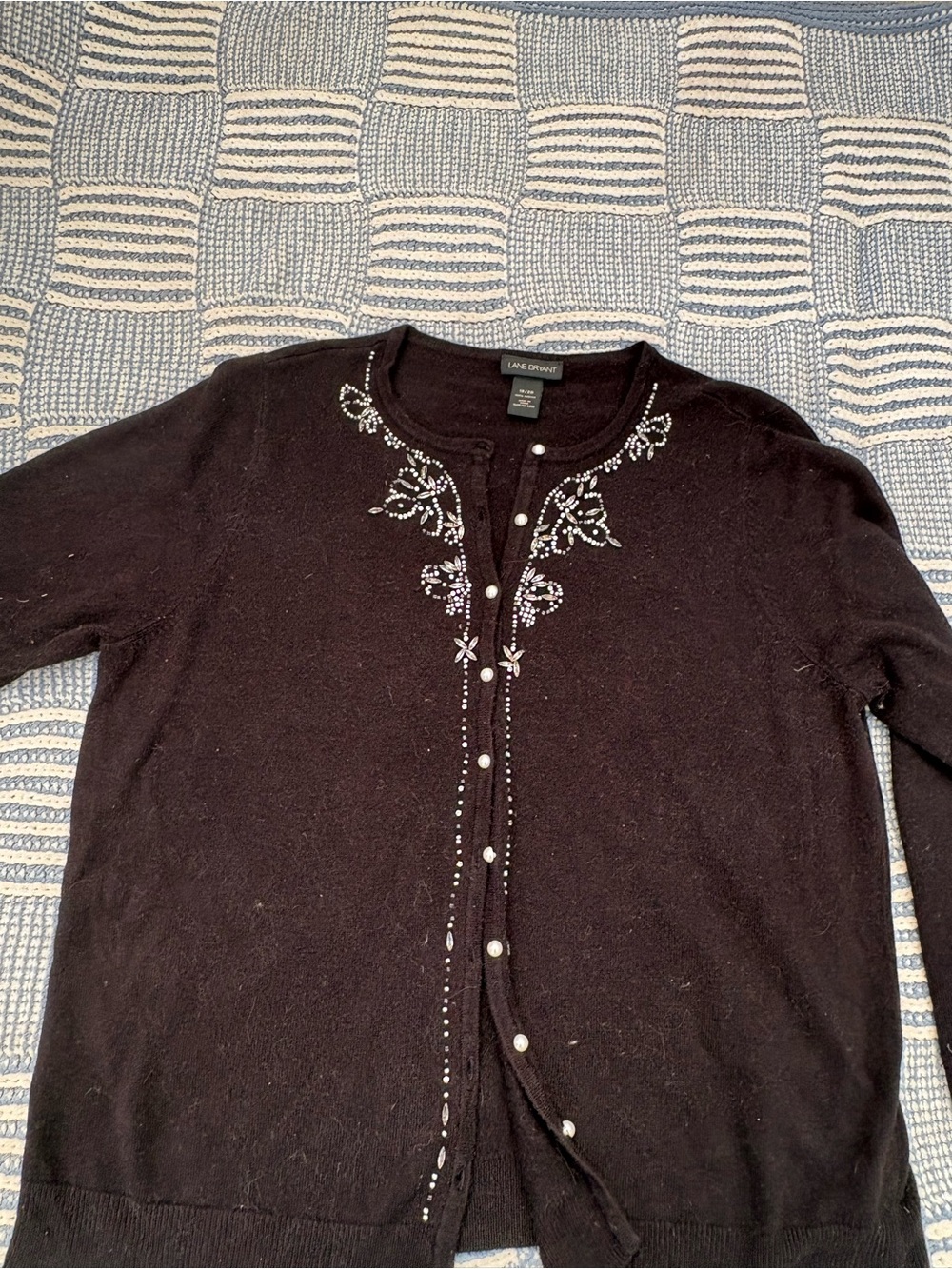 Lane Bryant black Embroidered Cardigan with Pearl Buttons